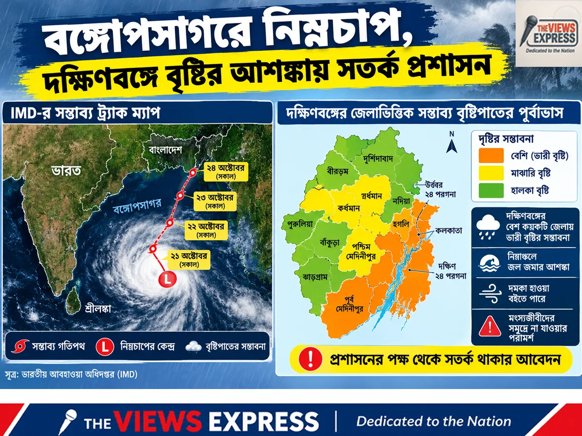 বঙ্গোপসাগরে নিম্নচাপ, ২৬ অক্টোবর ঘূর্ণিঝড়ের আশঙ্কা, ২৮ থেকে দক্ষিণবঙ্গে বৃষ্টি